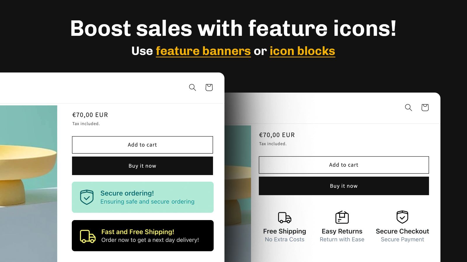 Boost Shopify sales with trust badges, feature icons and baners