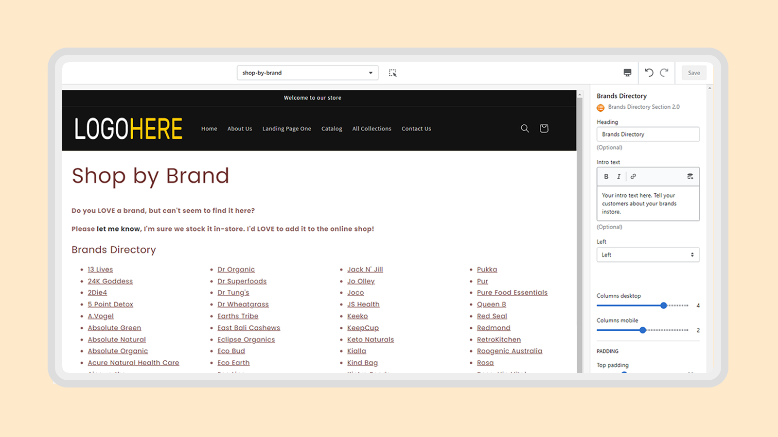 Brands Directory in the customizer settings 2