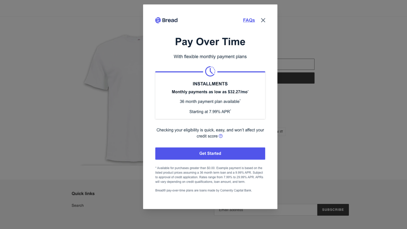 Bread application modal launched on product page