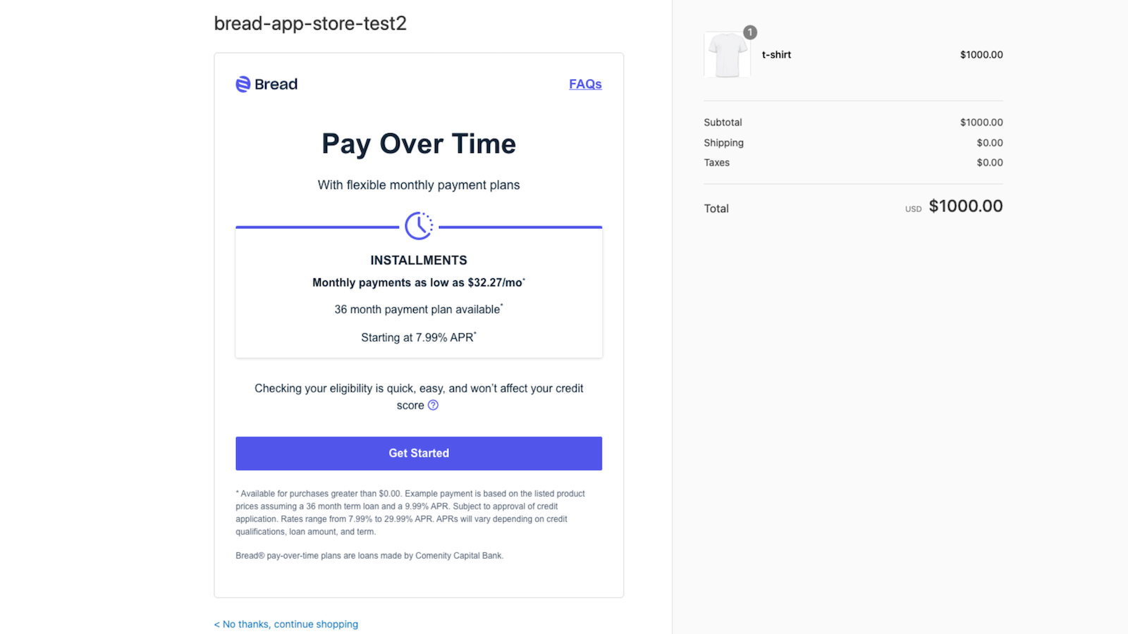 Bread modal launched on checkout payment page