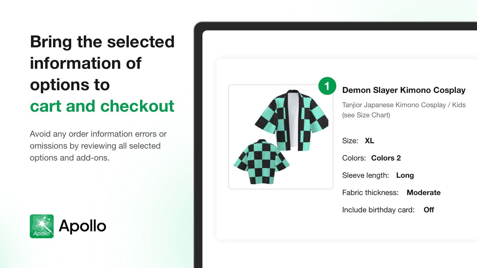 Bring the selected information of options to cart and checkout.