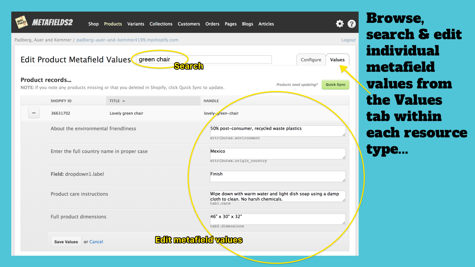 Browse, search & edit individual metafield values