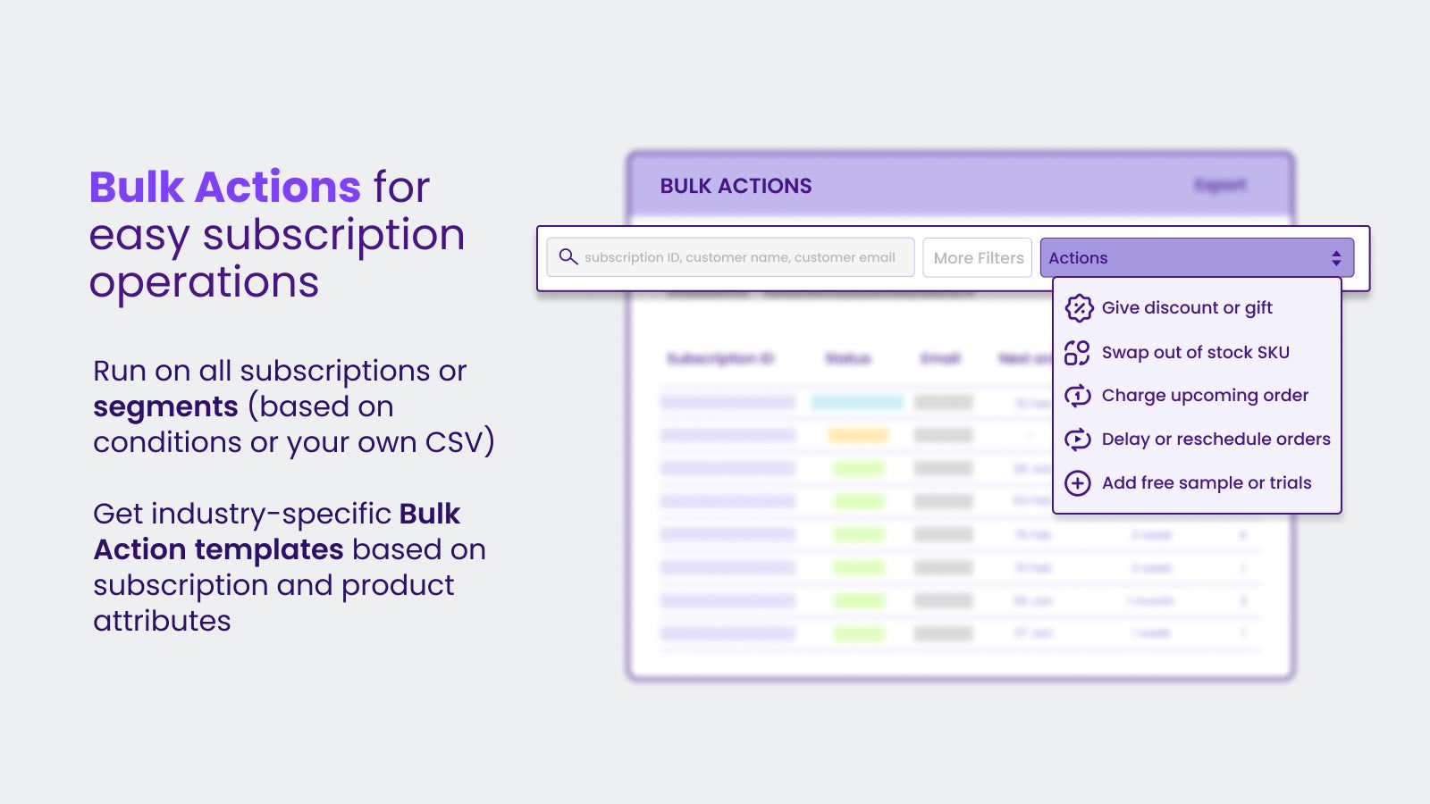 Bulk actions for large scale operations on subscriber base
