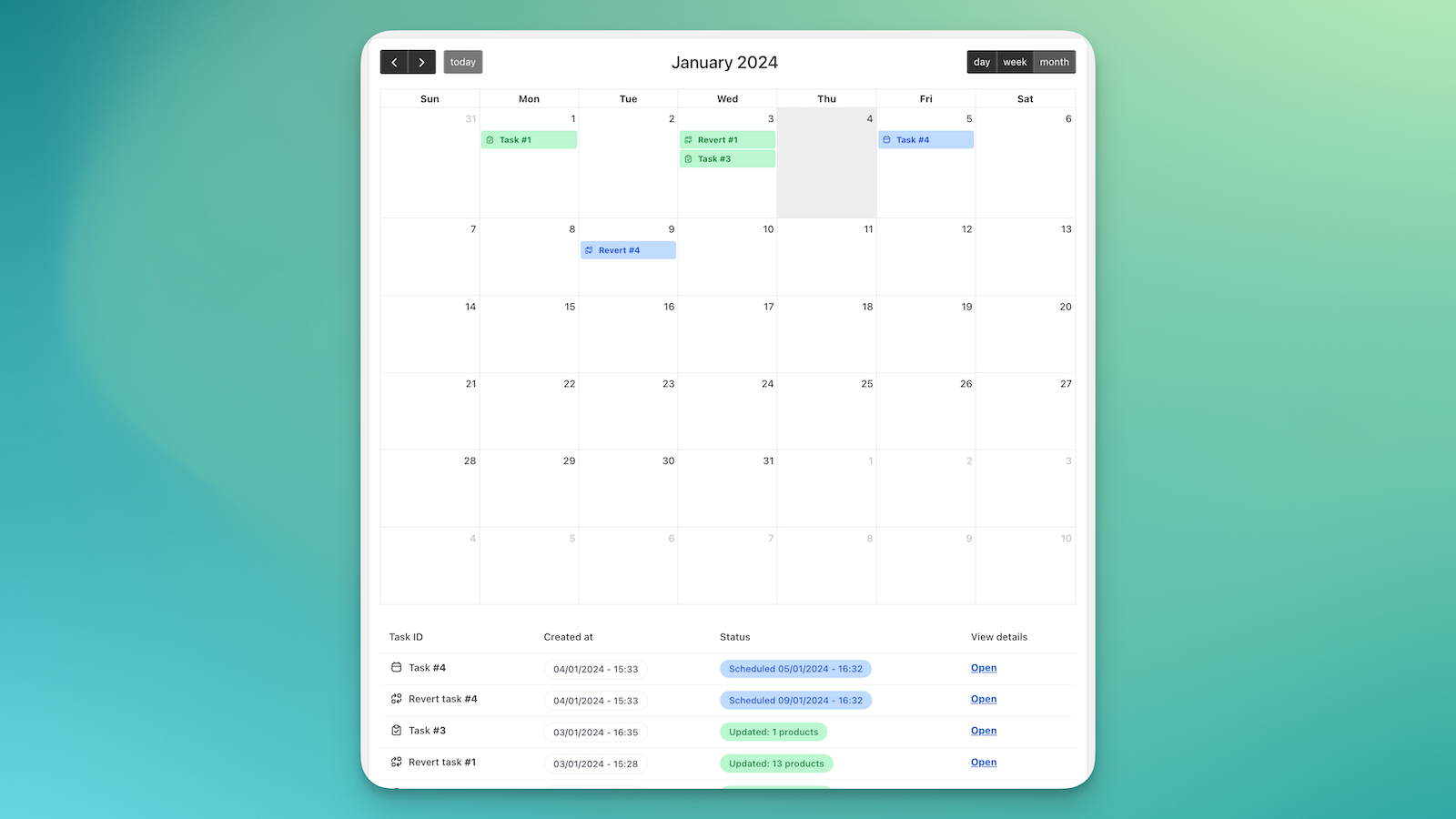 bulk app dashboard with calendar 
