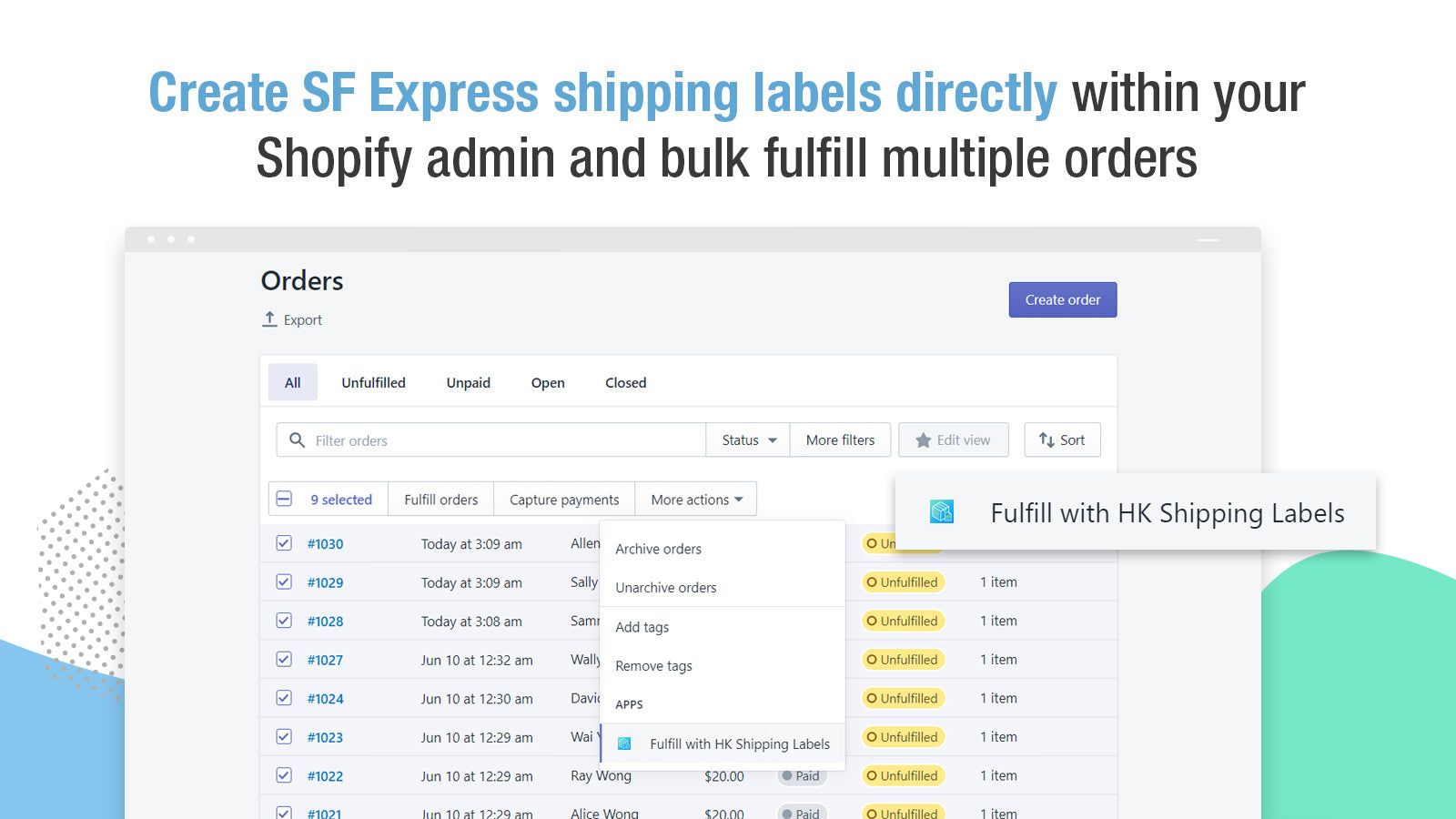 Bulk create SF Express shipping labels on your Shopify admin