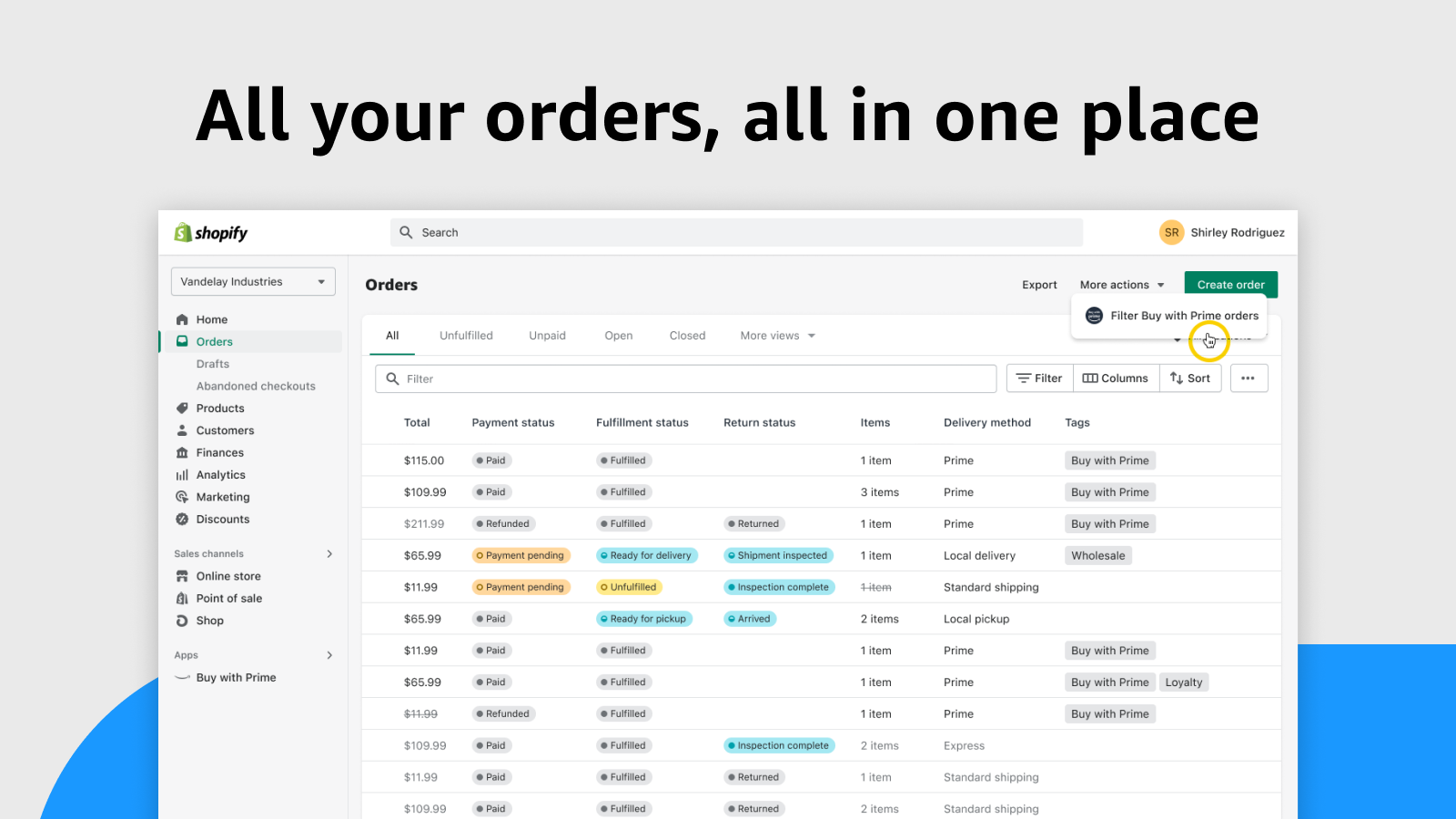 Buy with Prime orders show in Shopify, tagged ‘Buy with Prime’