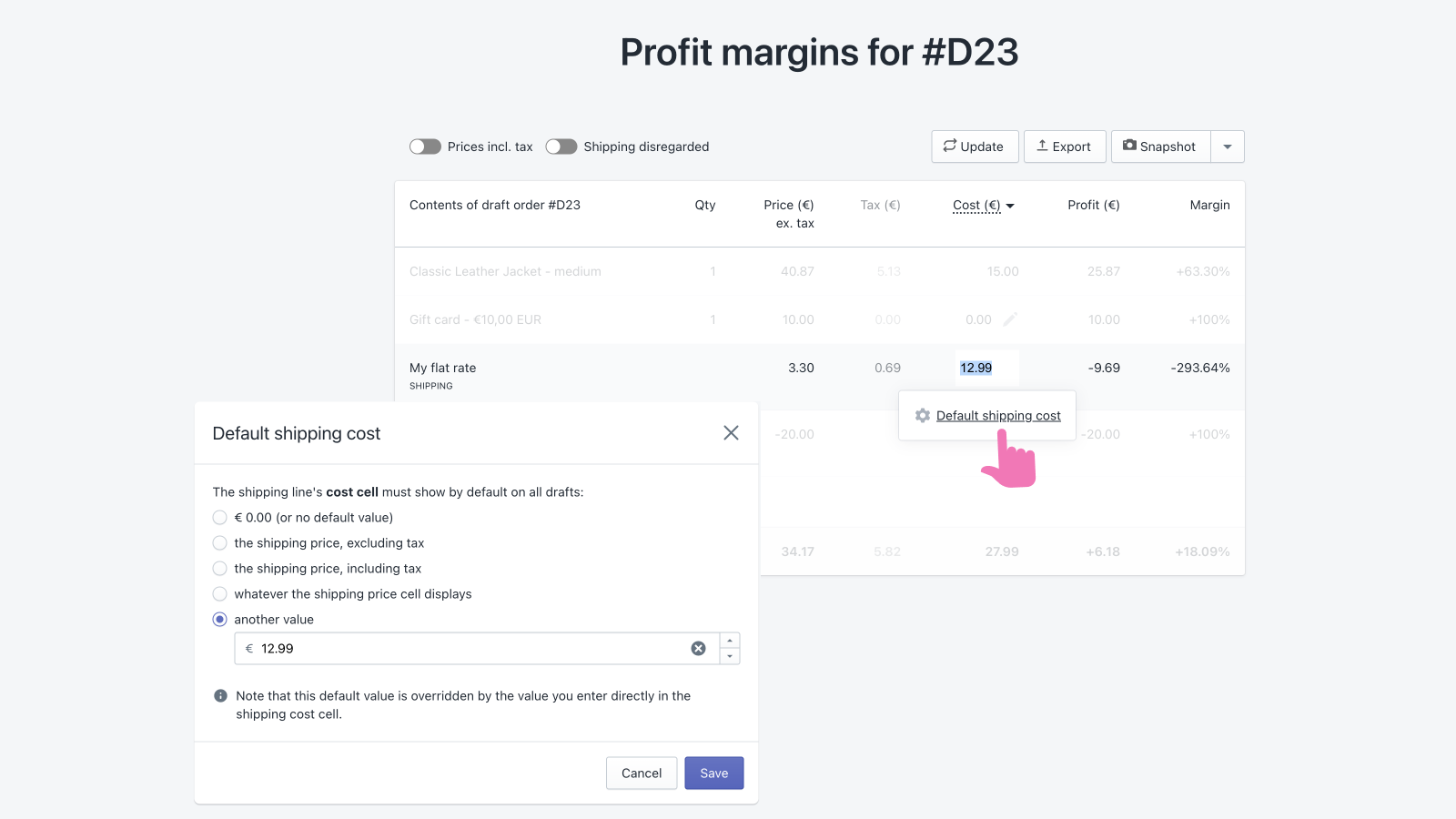 Calculate profit margins based on custom shipping cost