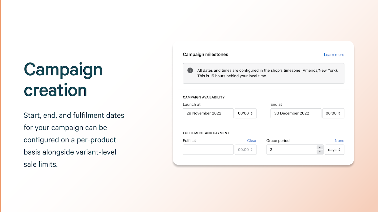 Campaign creation text, screenshot of presale campaign config