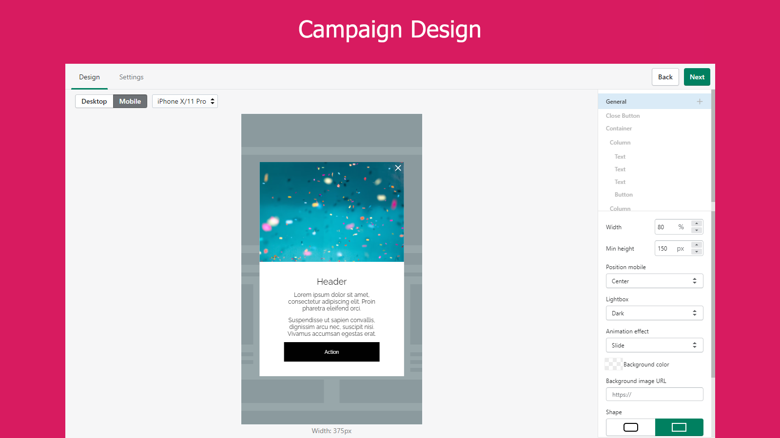 Campaign design (mobile preview)