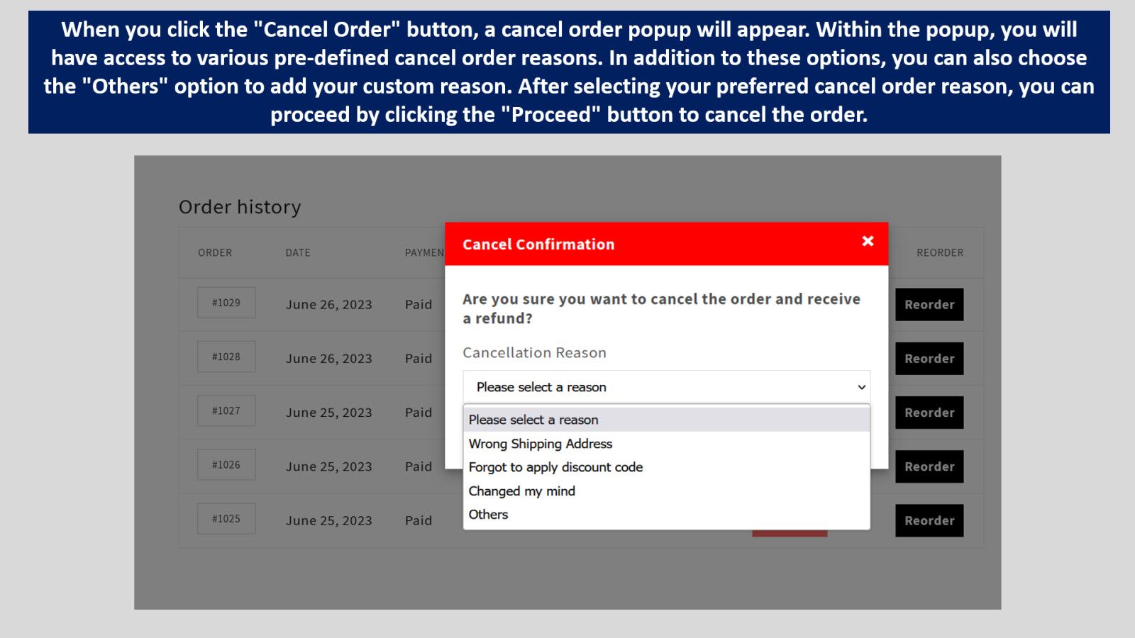 Cancel Order Popup