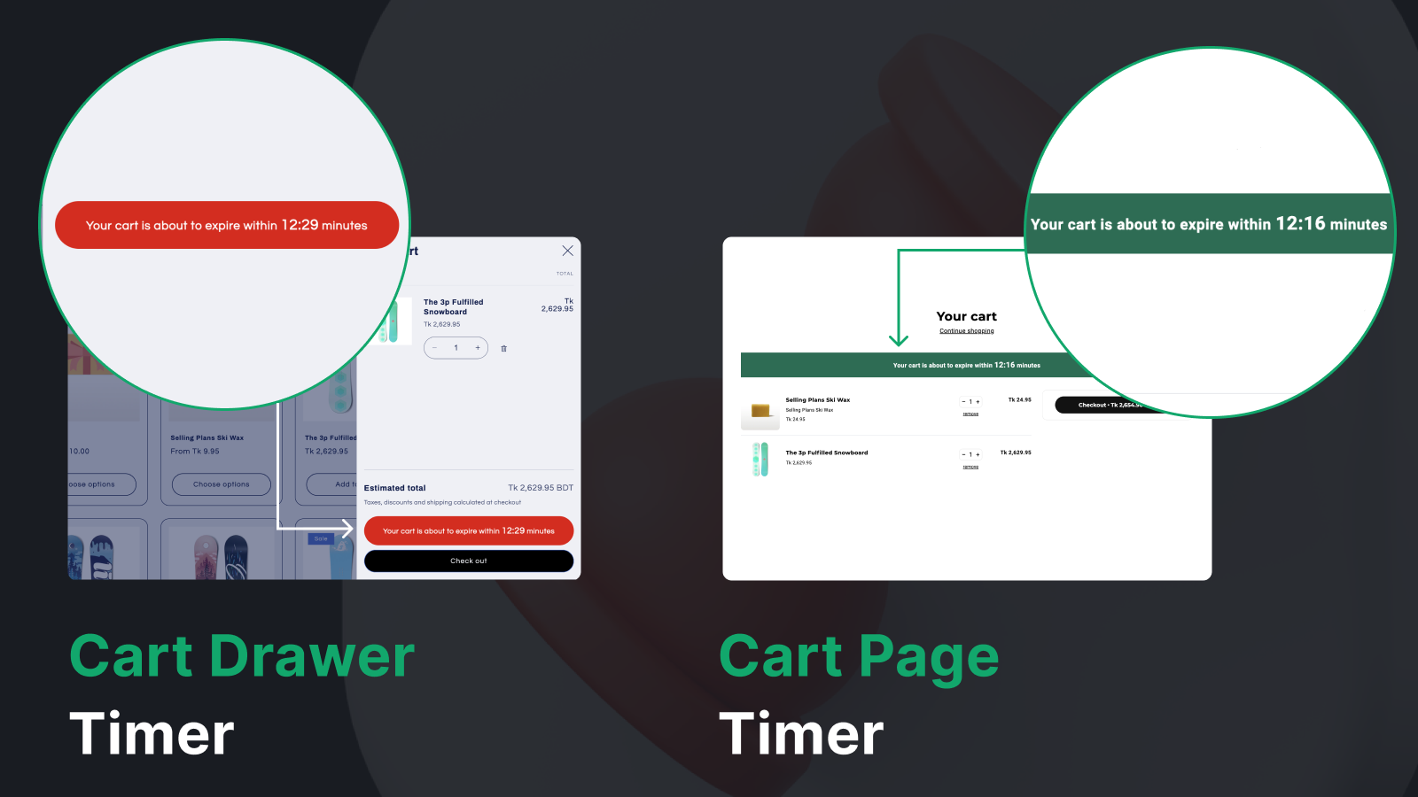 Cart drawer and page of PeakPulse shopify countdown timer