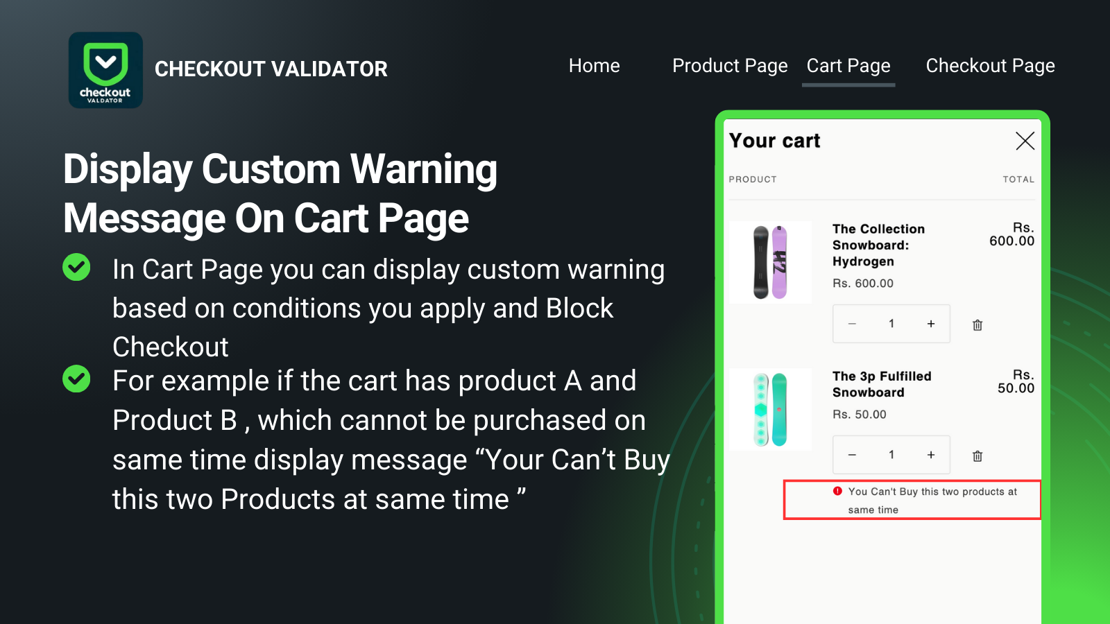 cart page display custom error message