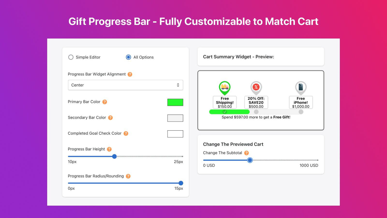 Cart Upsell Goal Progress Bar - Fully Customizable to Match Cart