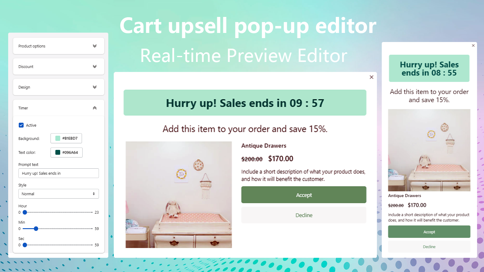 Cart upsell pop-up editor, Real-time Preview Editor