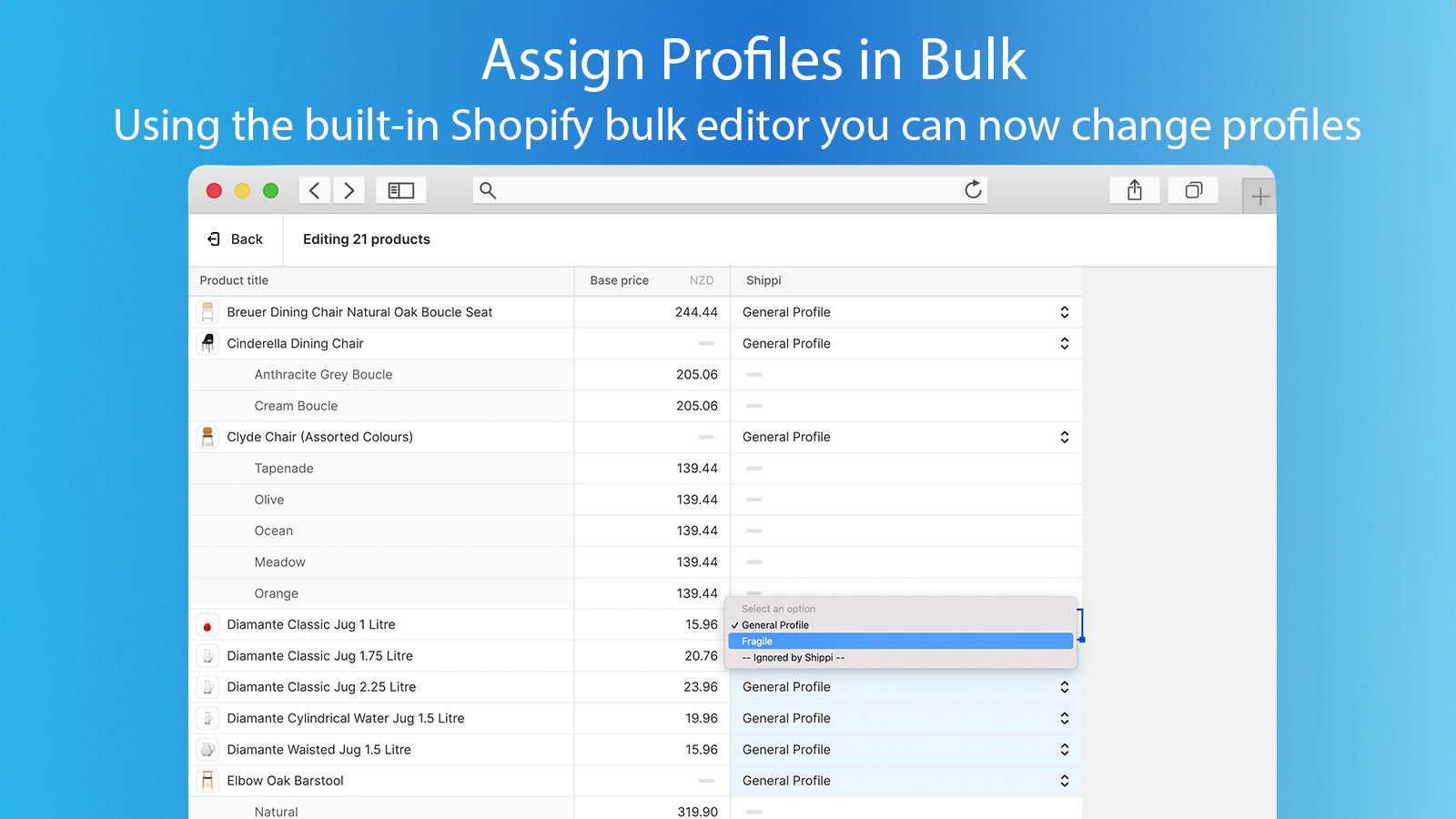 Change shipping profiles in bulk using the Shopify bulk editor