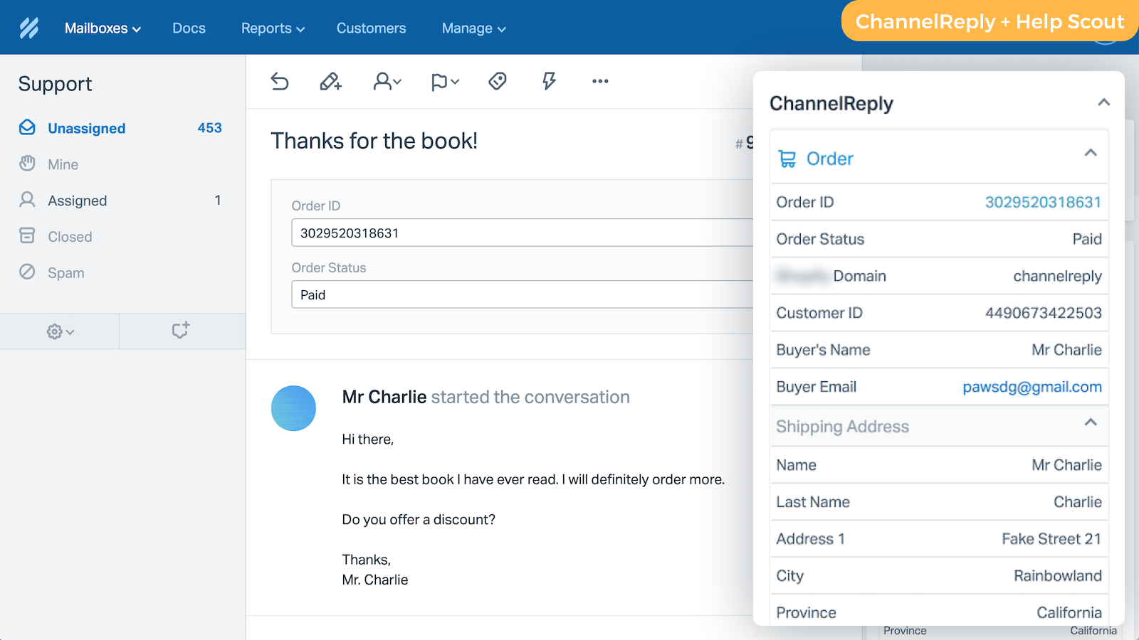 ChannelReply displaying Shopify data in Help Scout