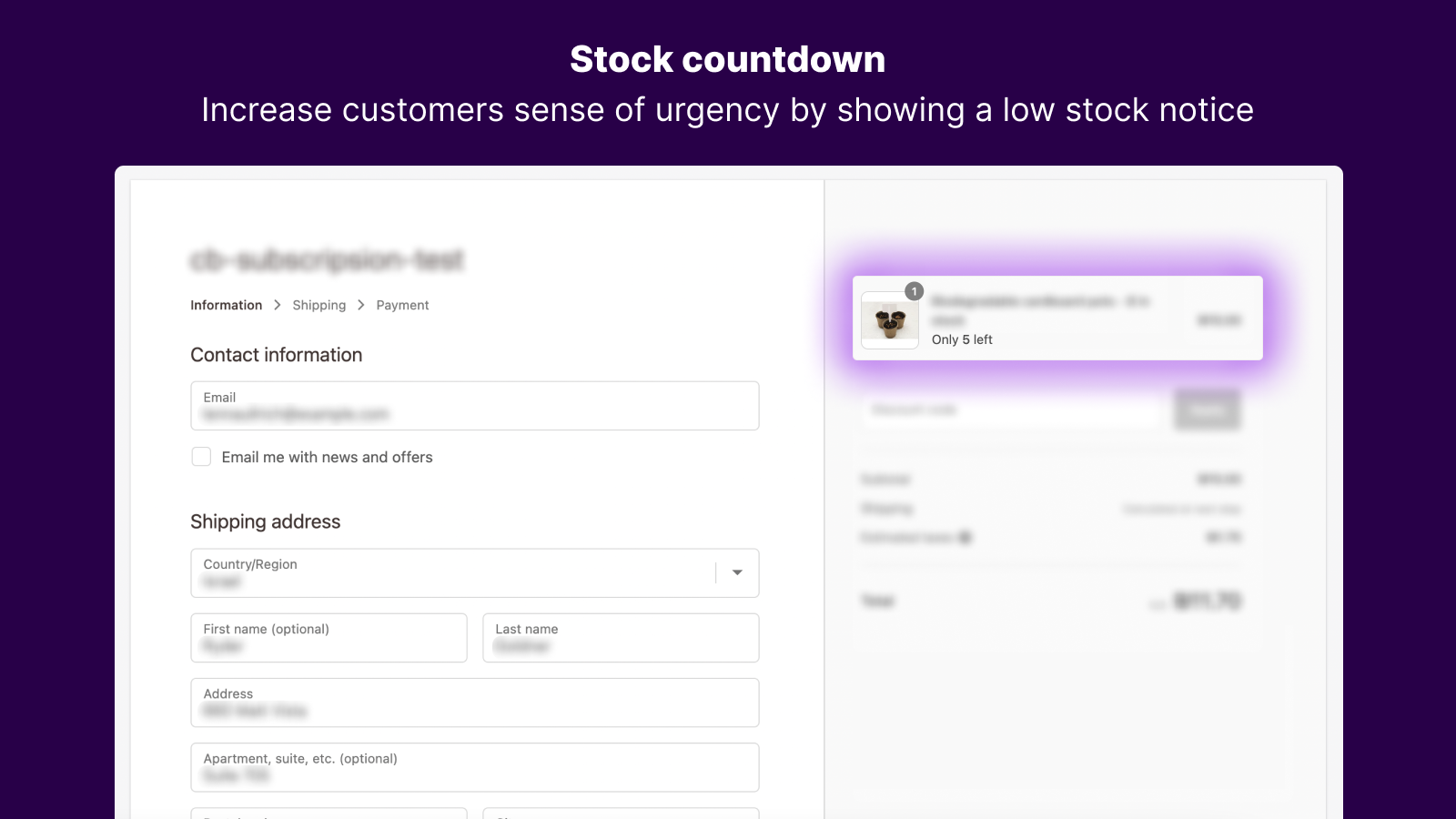 checkout bear, stock countdown, line item, checkout upsell