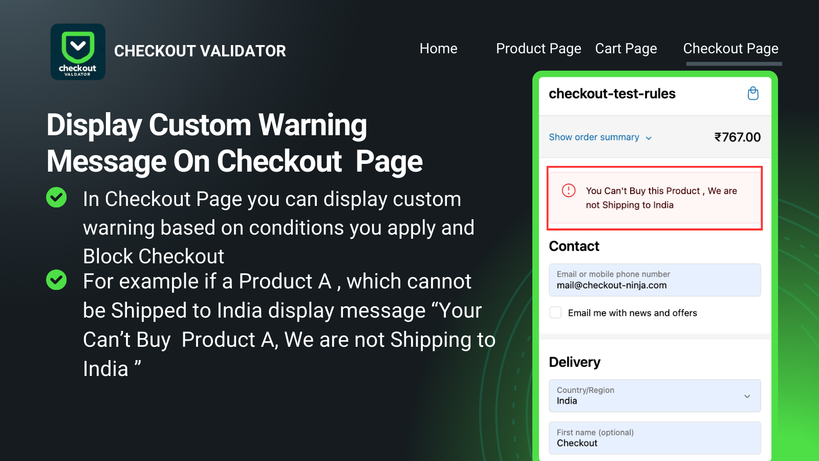 checkout page custom warning message