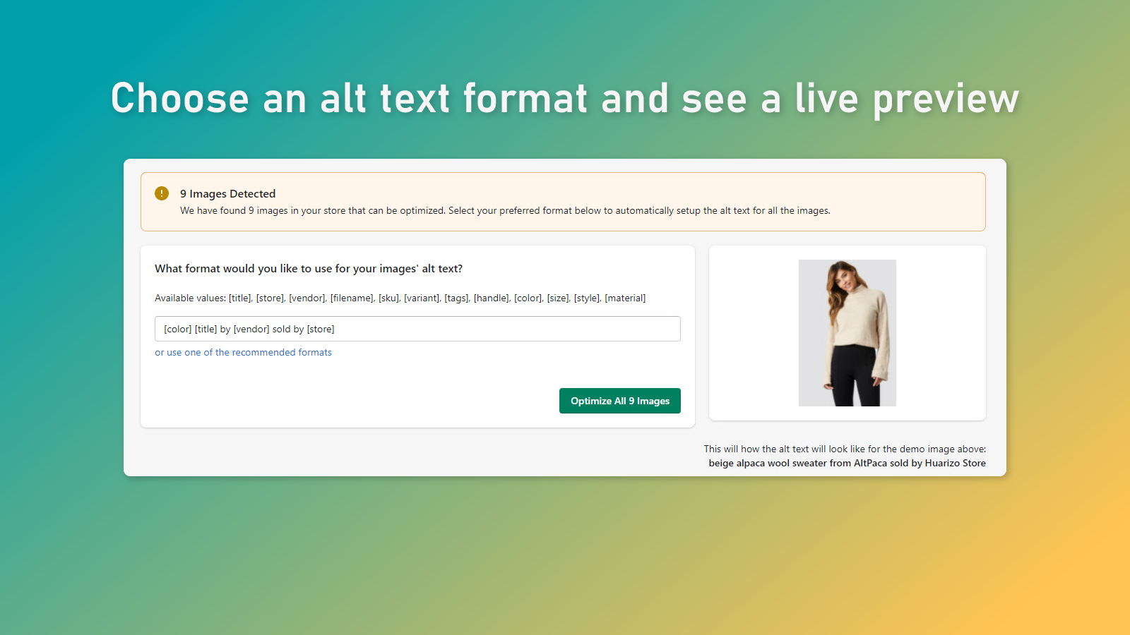 Choose an alt text format and see a live preview
