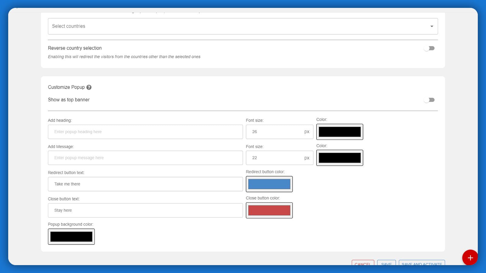 Choose countries to redirect and customize redirect popup