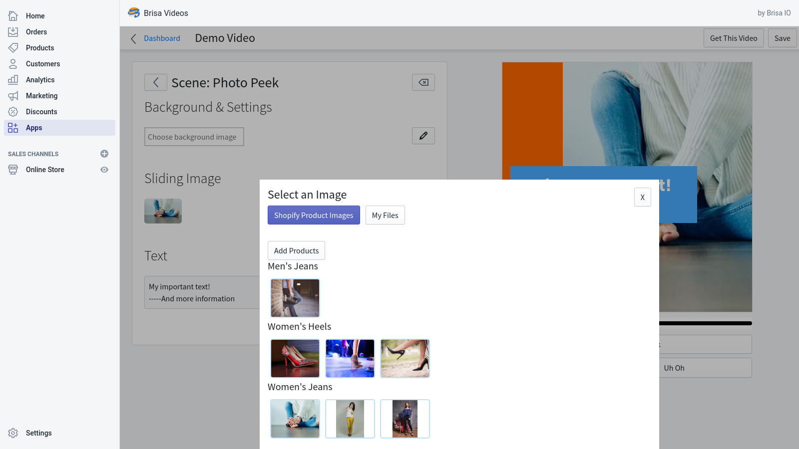 Choose images from your product catalog or upload more.
