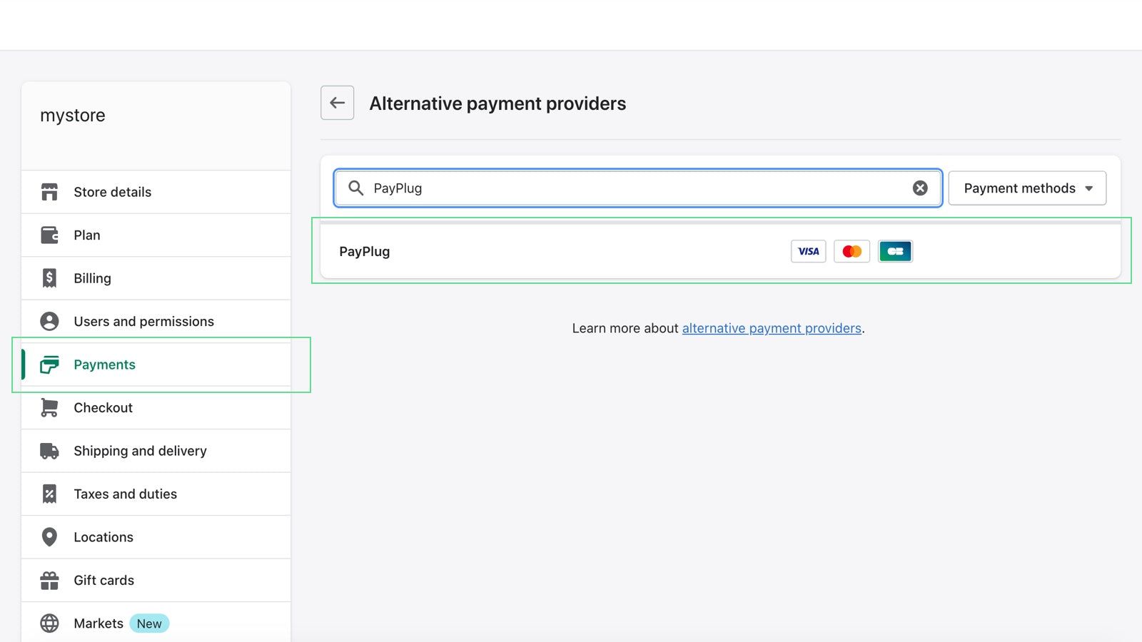 Choose PayPlug in the alternative payment method list