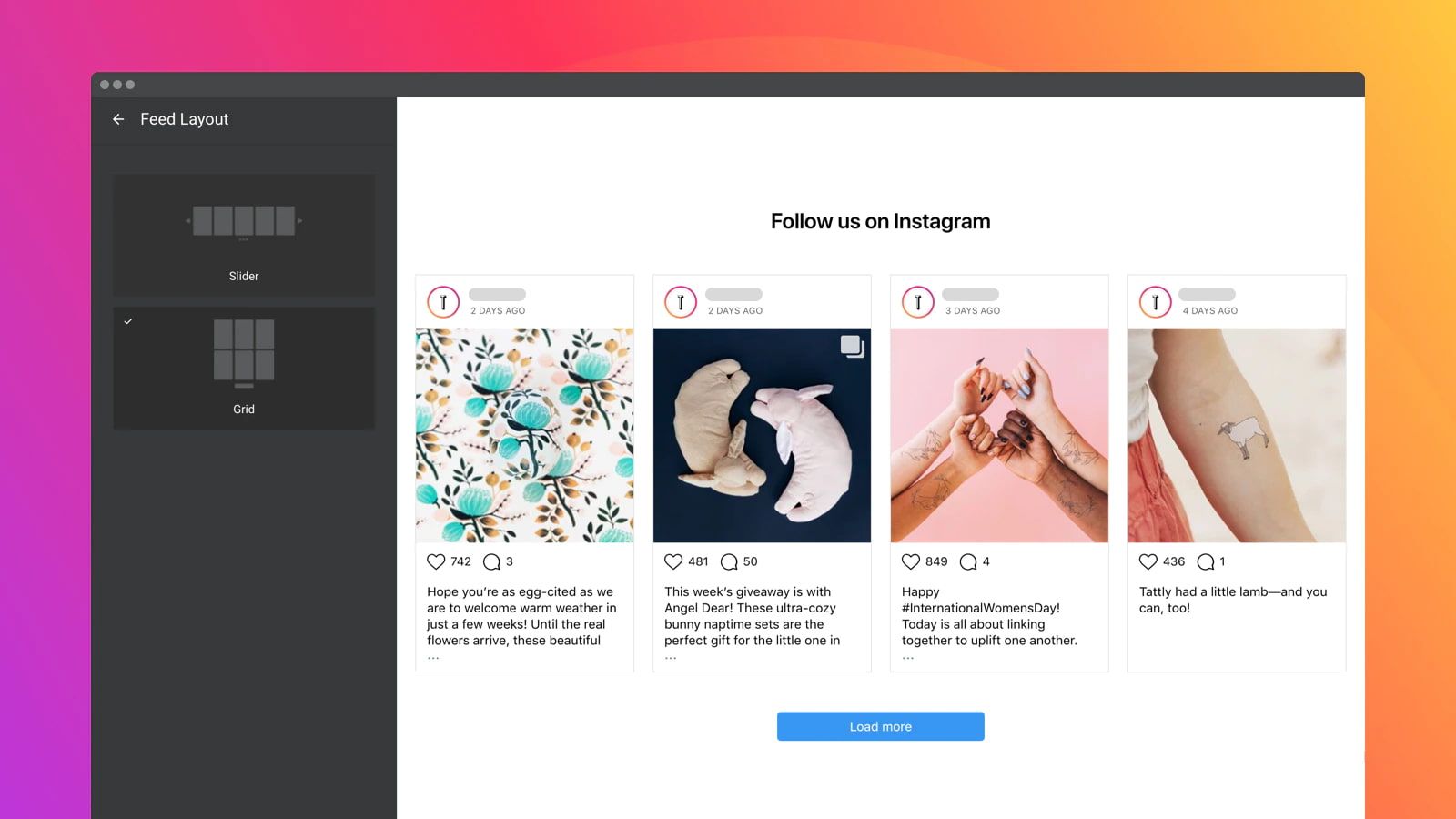 Choose slider or grid layout for the Instagram feed