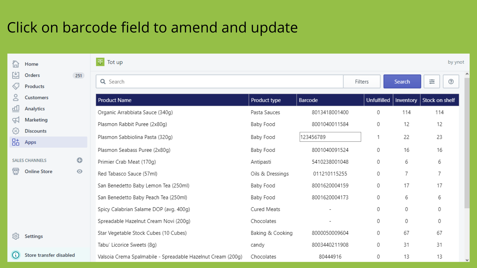 Click on barcode field to amend and update