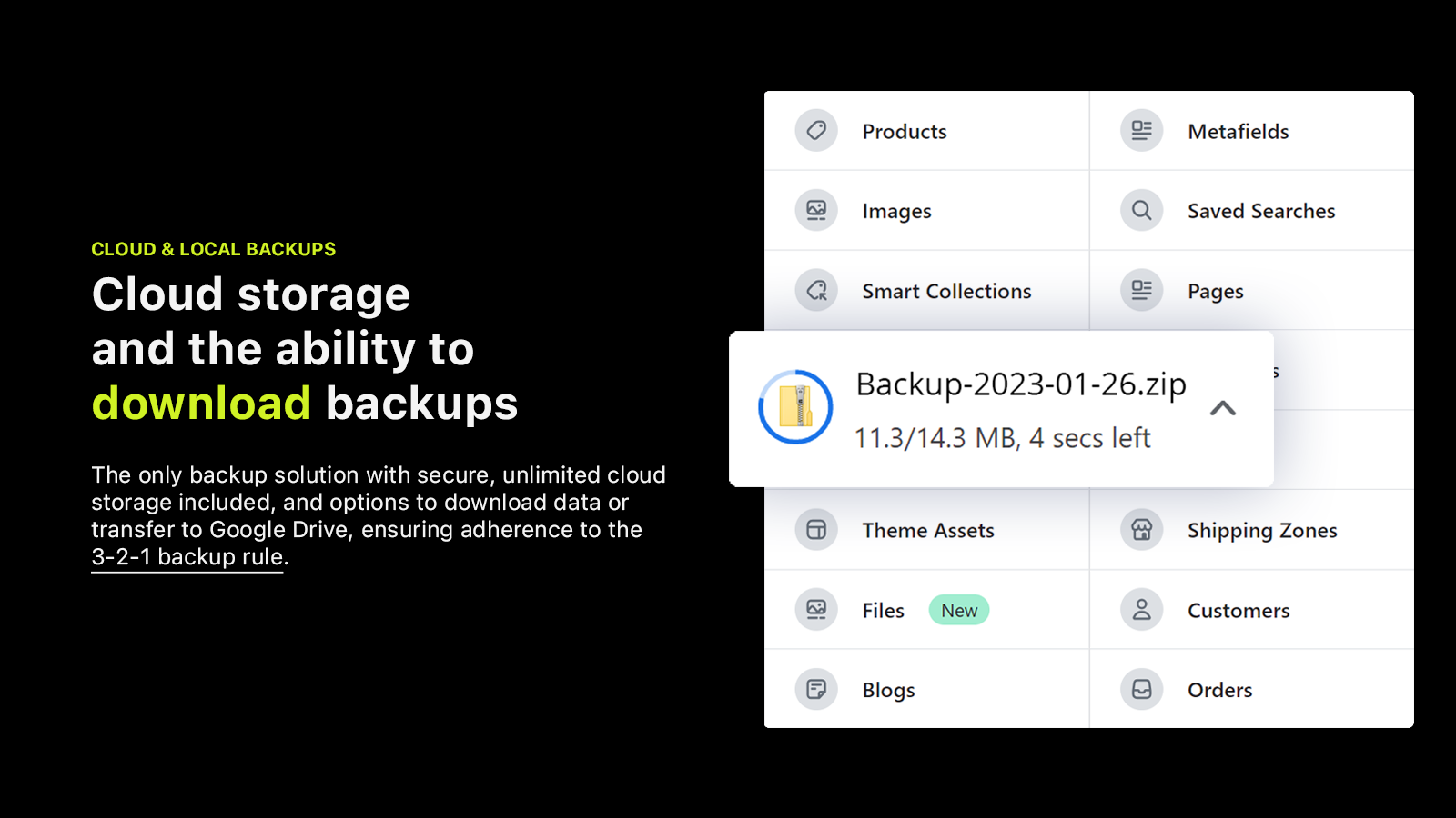 Cloud storage and the ability to download backups for Shopify