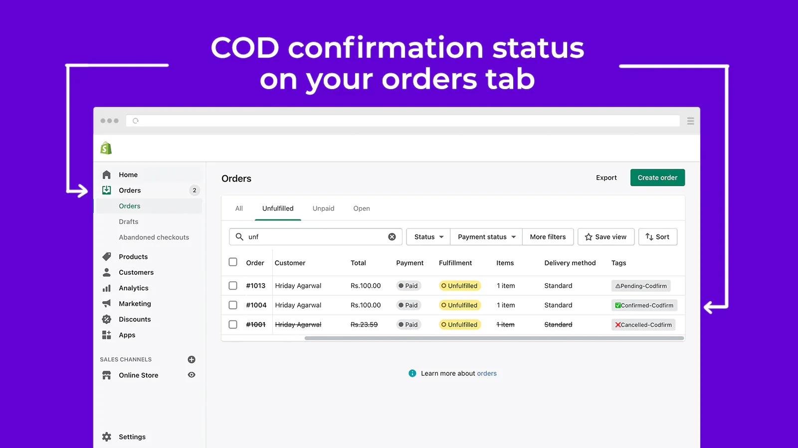 COD Confirmation Status on Orders' Tab