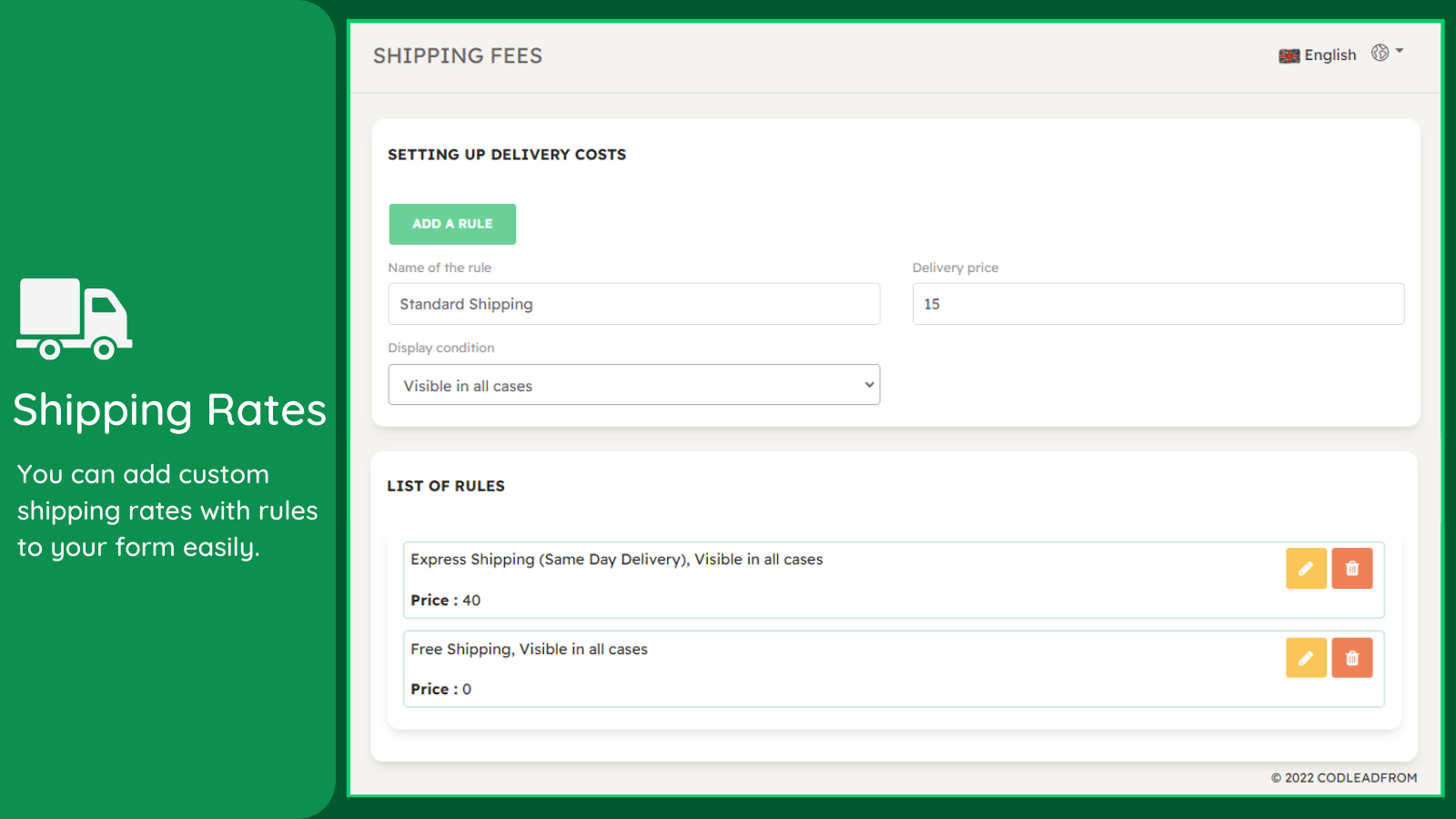 Codleadform COD Order Form - Shipping Rates