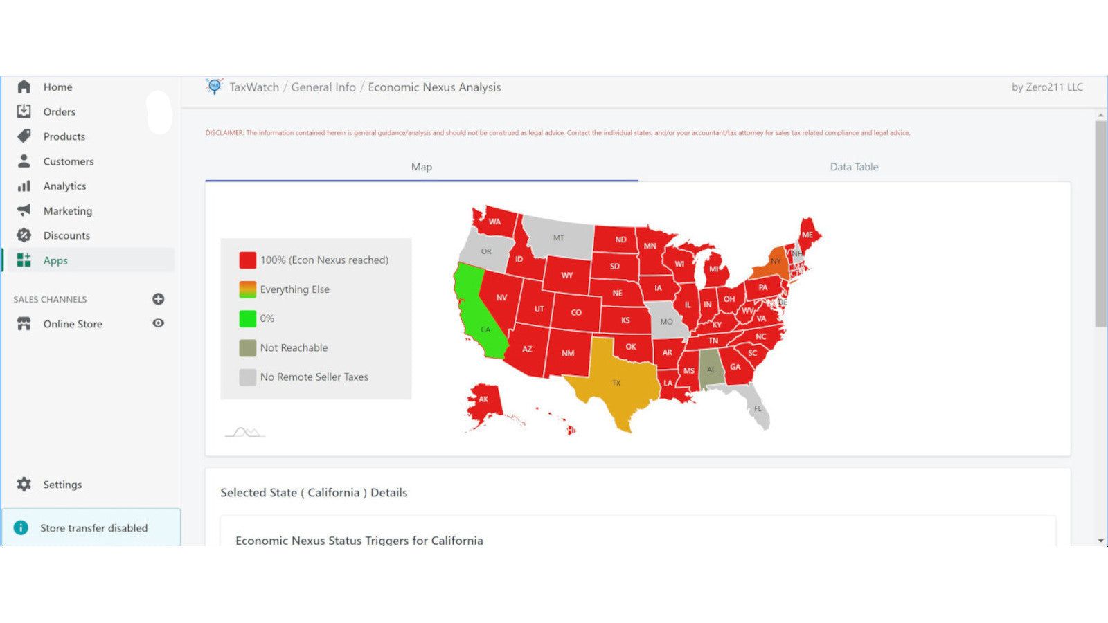 Color-coded map of US States Economic Nexus Status