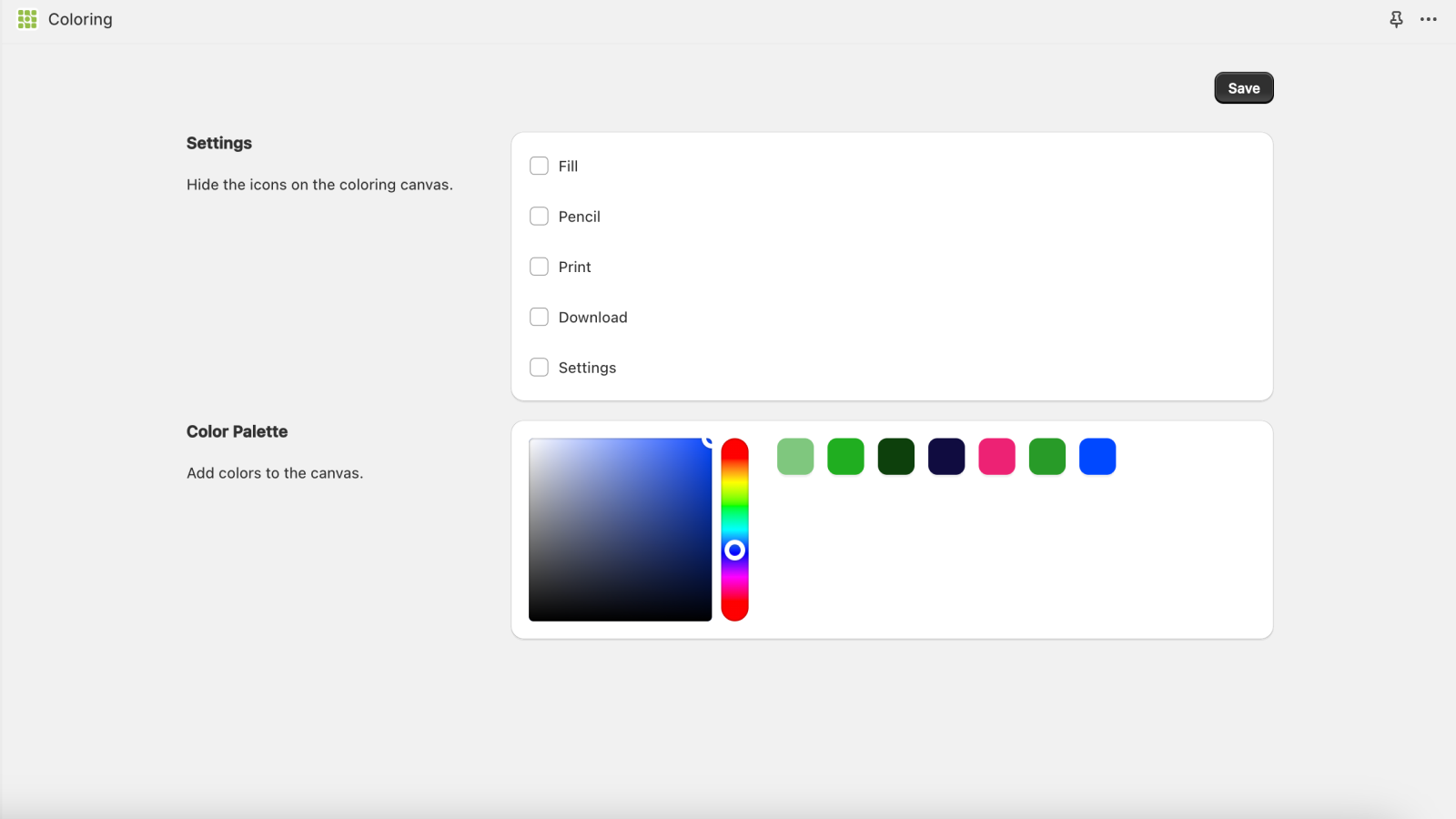 Configurable actions and color palette