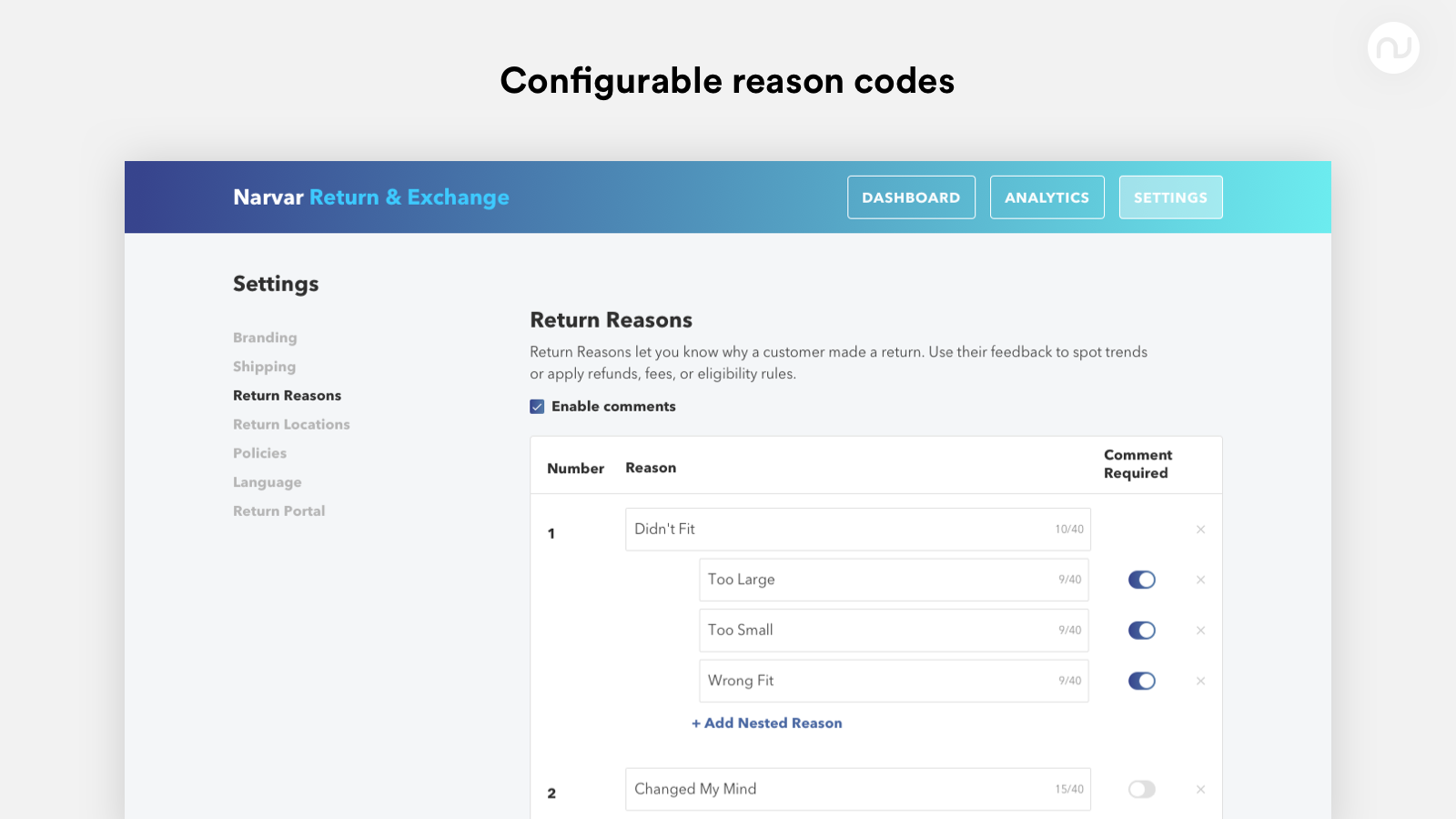 Configurable reason codes