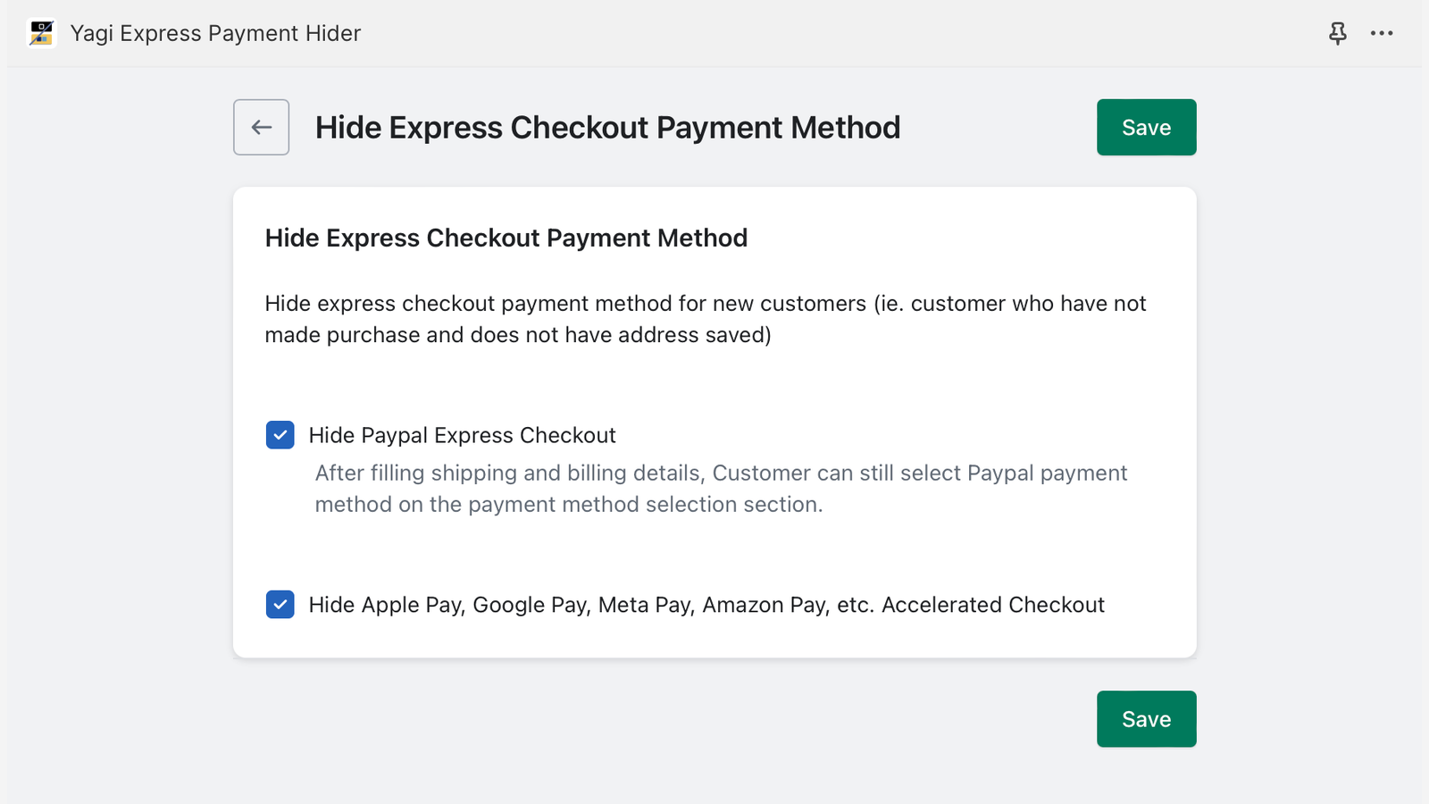 Configuration interface to hide express checkout payment methods