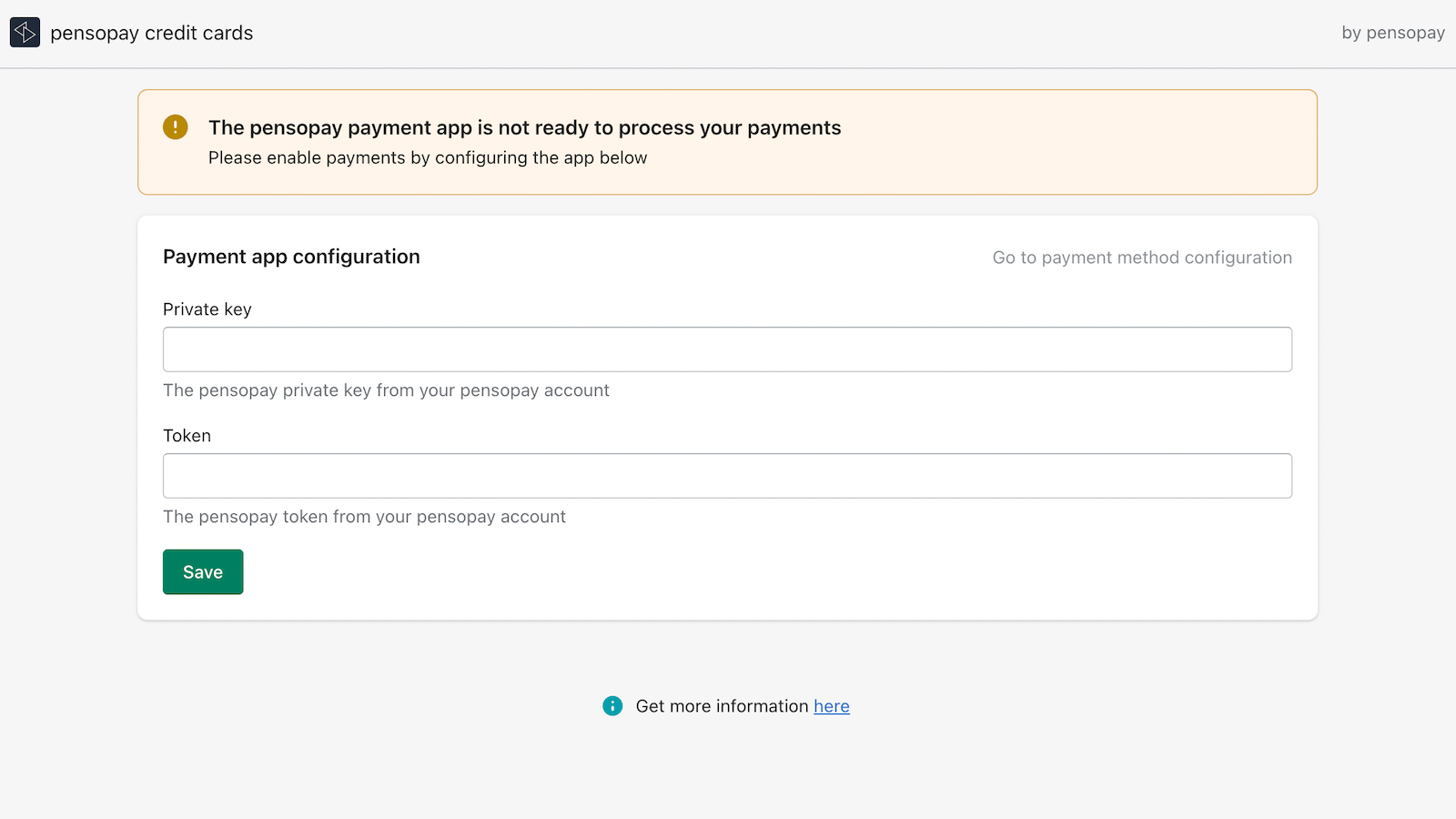 Configure pensopay app by entering account private key and token
