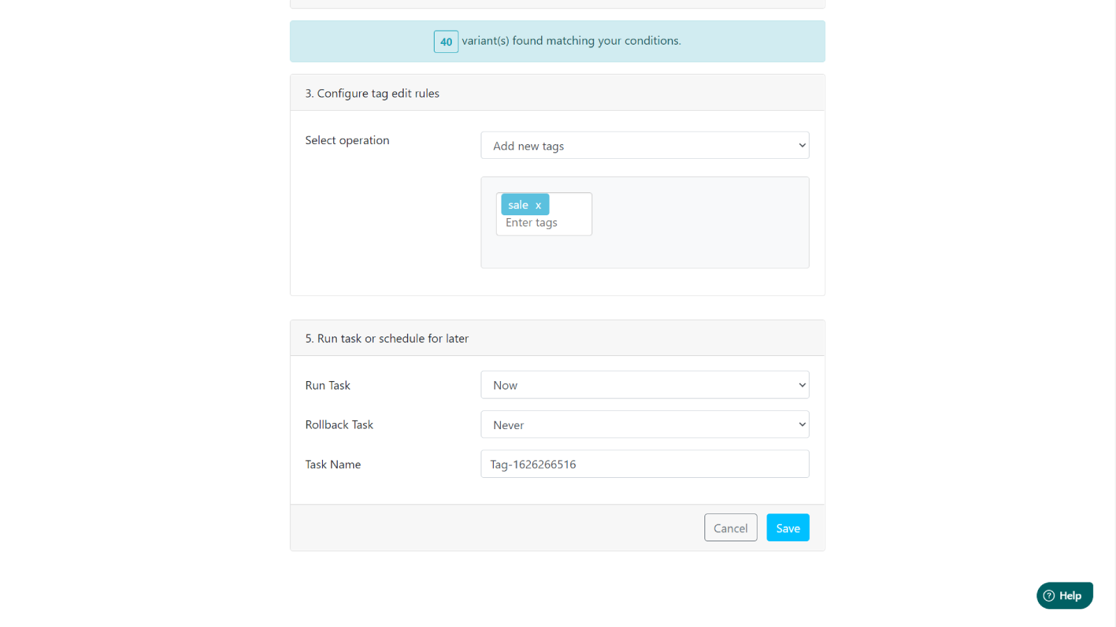 Configure tag actions