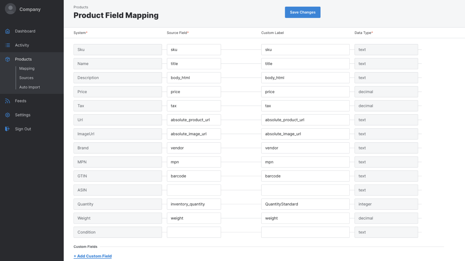 Configuring field mappings for products