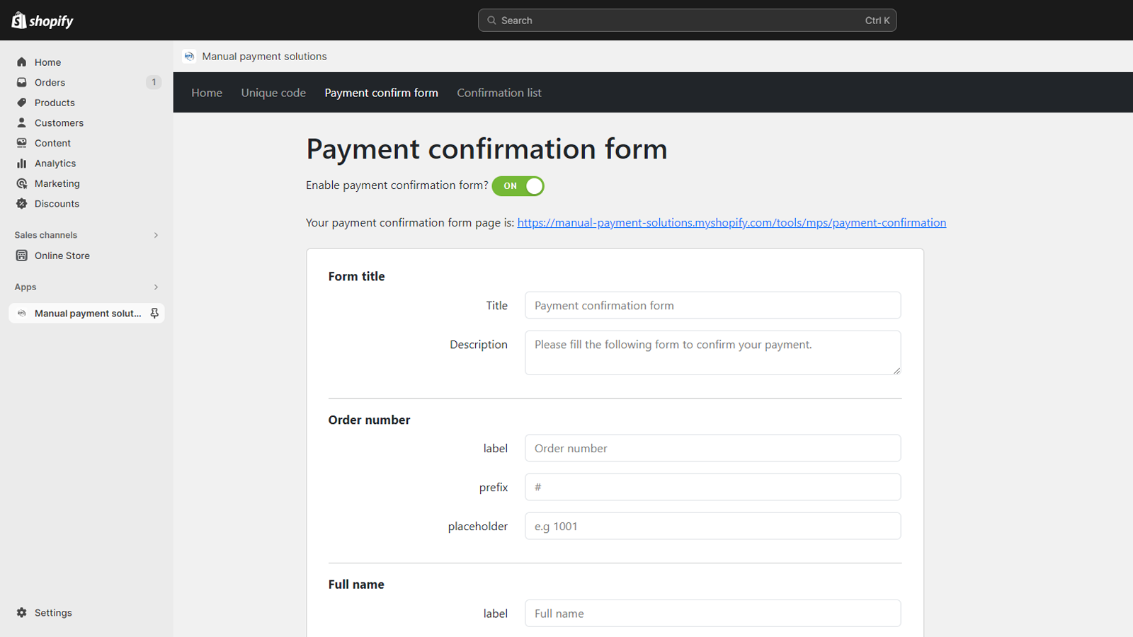 Confirmation payment Dashboard