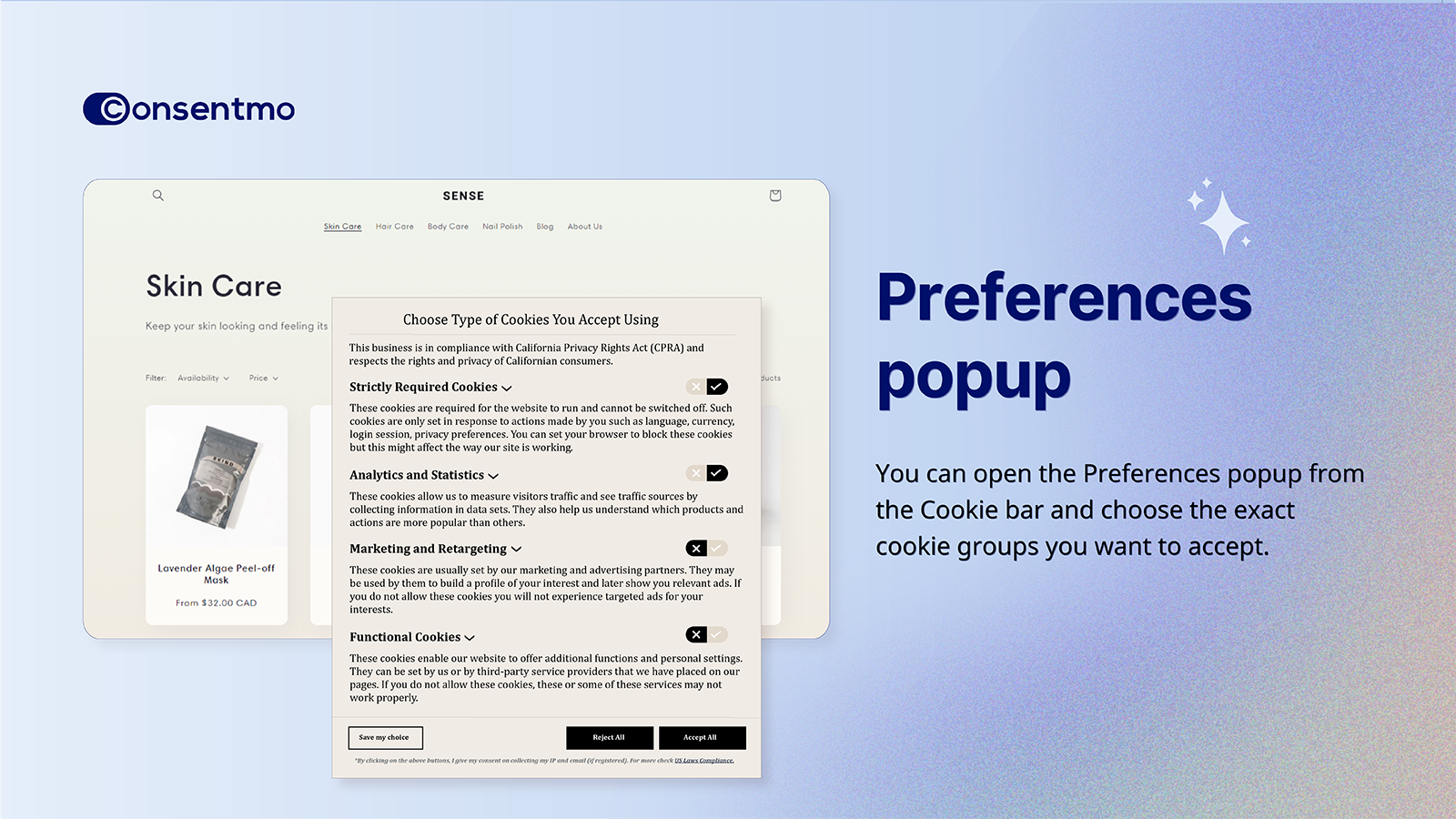 Consentmo Preferences popup detailing cookie acceptance options.