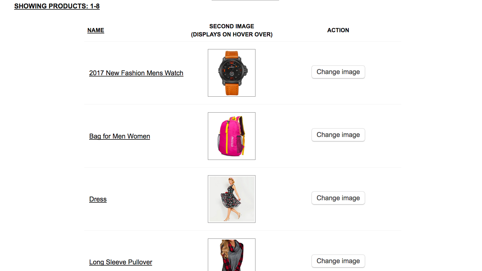 Control panel: List of products with images selected for hover