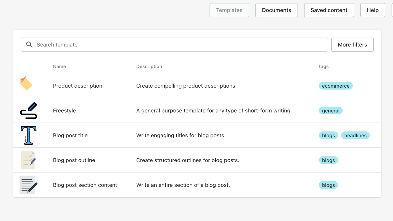 Copywriting templates for product descriptions, blogs, emails.