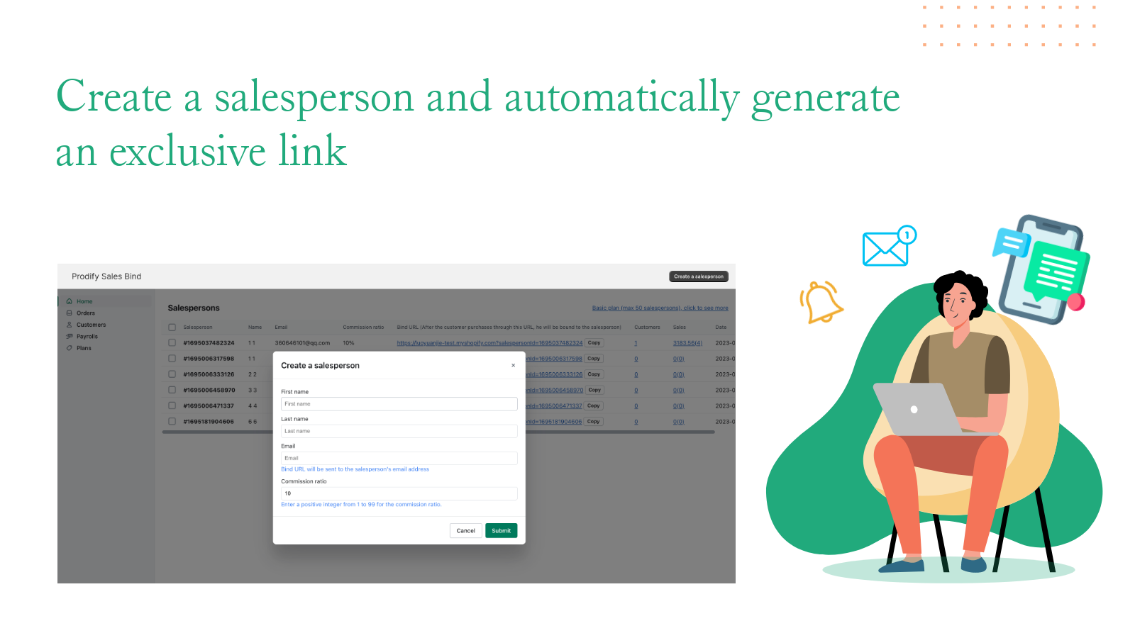 Create a salesperson and automatically generate exclusive link