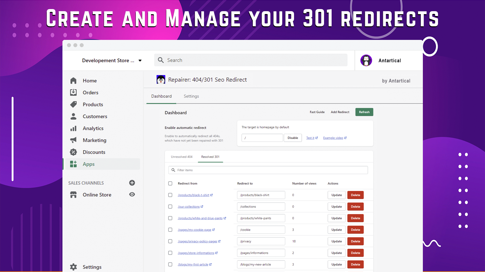 Create and Manage your 301 redirects