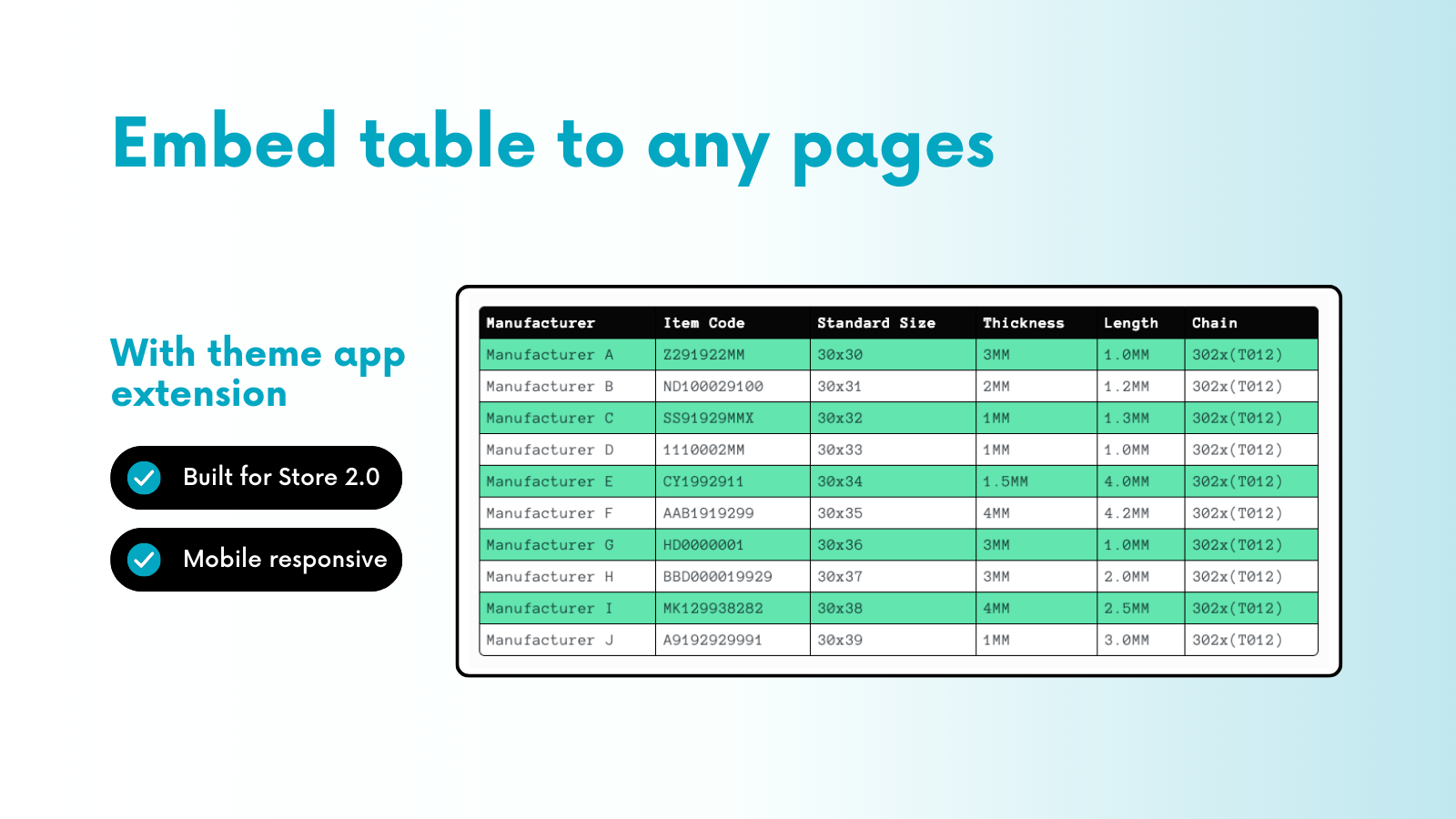Create any tables and embed to your storefront