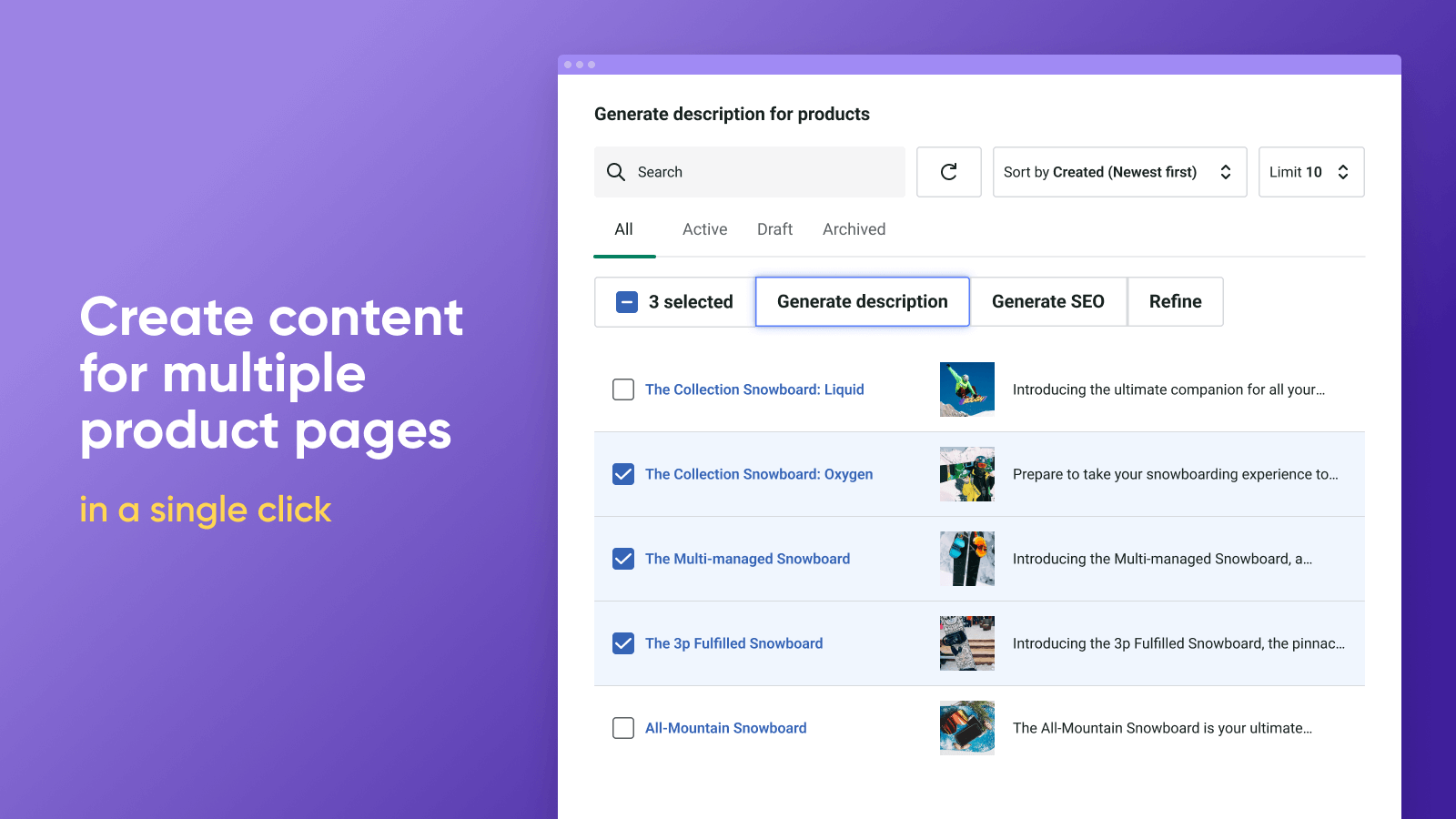 Create content for multiple product pages in a single click