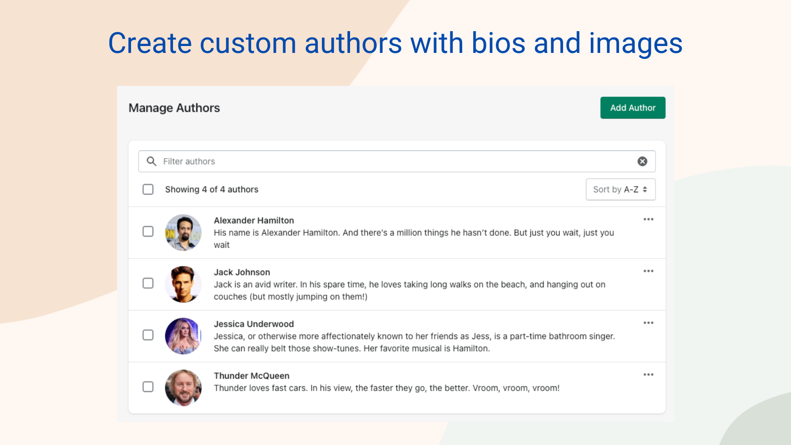 Create custom authors with bio and image