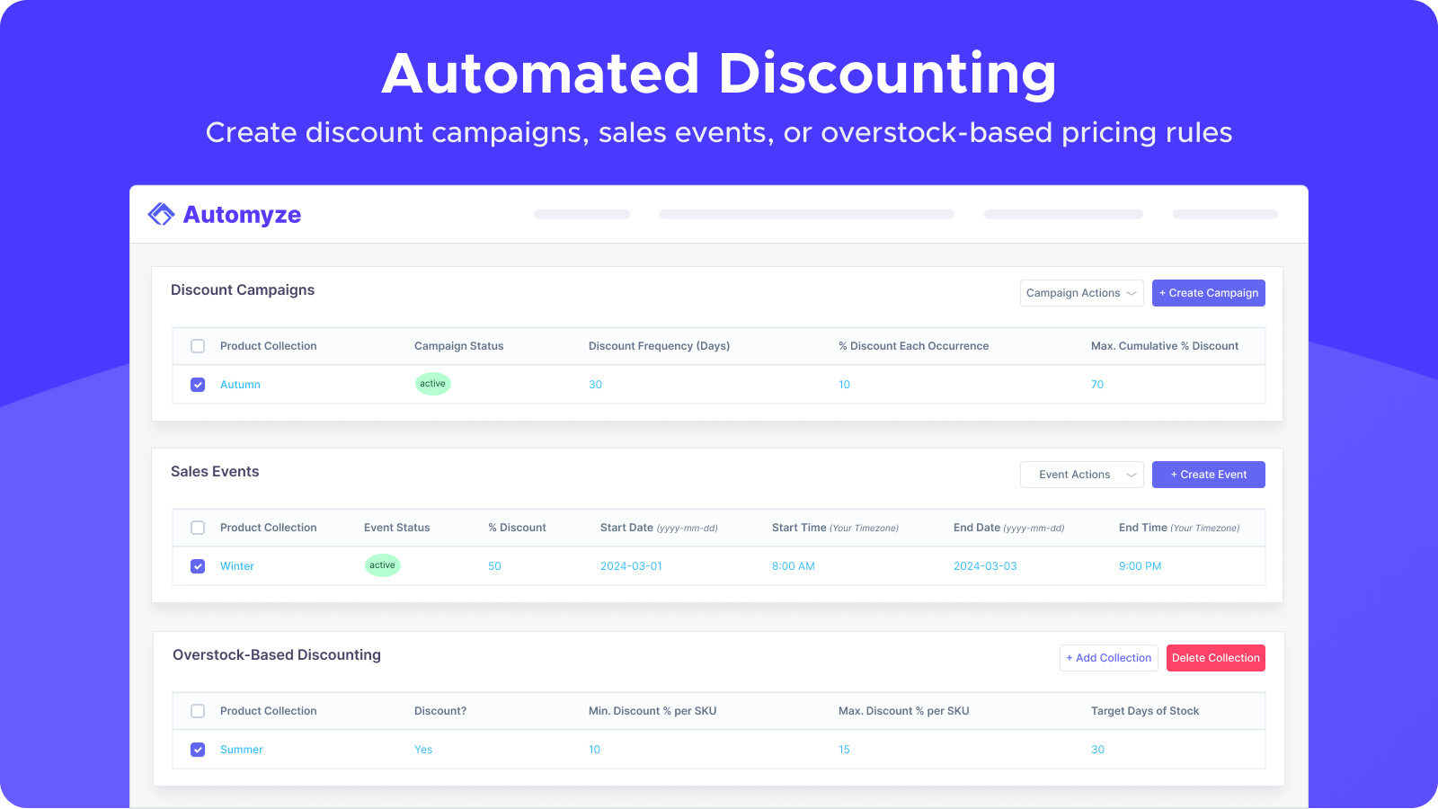 Create discount campaigns, sales events, or overstock discounts