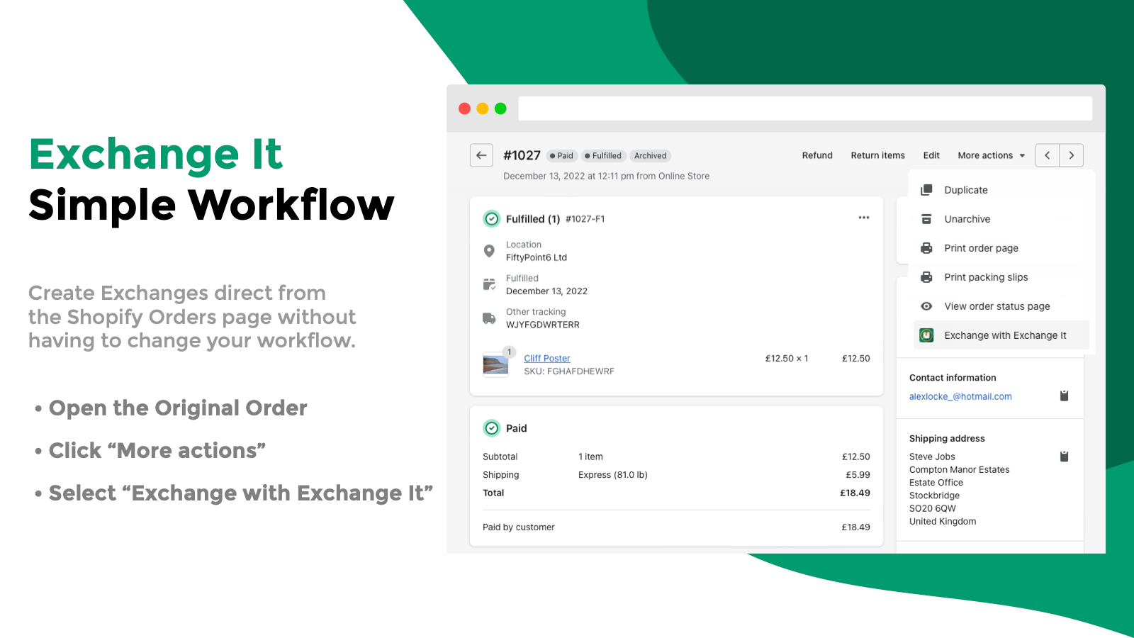 Create Exchanges direct from  the Shopify Orders