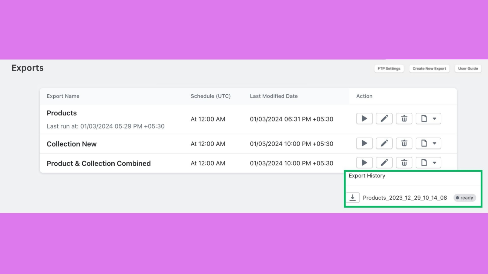 create multiple exports with on demand and schedule options
